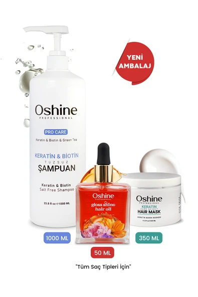 OSHİNE Keratin Bakım Serisi ( Tuzsuz Şampuan, Keratin Maskesi, Luxoil ) Keratine Hair Care Series, 1400 ml ürün görseli 1