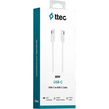 ttec USB-C - USB-C 120cm 60W PD/QC Hızlı Şarj/Data Kablosu Beyaz ürün görseli 1