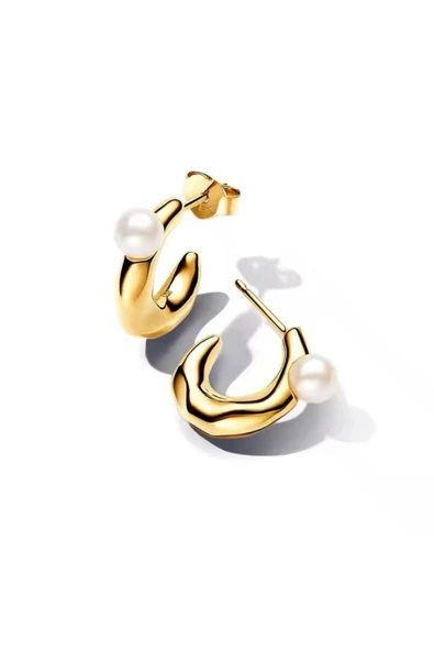 POSEİDONS JEWELLERY Gold Renk Tatlı Su Kültür İncisi ve Doğal Şekilli Gümüş Halka Küpeler ürün görseli 1