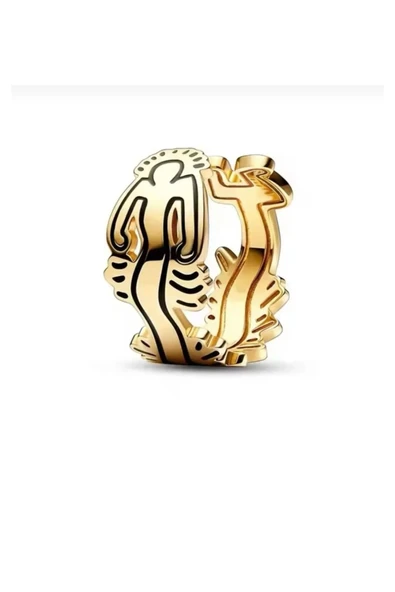 POSEİDONS JEWELLERY Poseidons Jewellery Keith Haring Dalgalı Figür Açık Halka Gold Yüzük ürün görseli 1