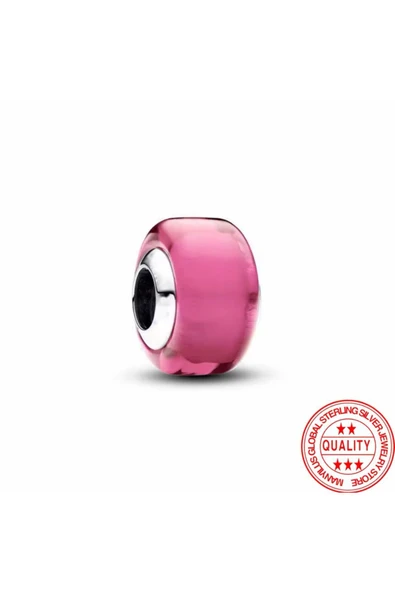 Lovecharm Gümüş Pembe Mini Murano Cam Charm - Resim 3