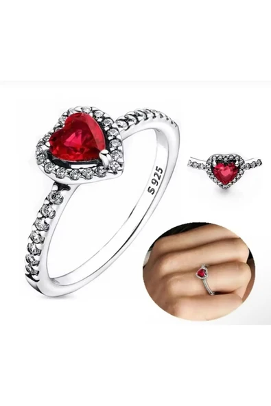 Lovecharm Gümüş Işıltılı Kırmızı Yüksek Taşlı Kalp Yüzük Tarz ürün görseli 1