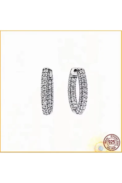 POSEİDONS JEWELLERY 925 Ayar Gümüş Minimal Tarz Timeless Tek Sıra Pavé Halka Küpe ürün görseli 1