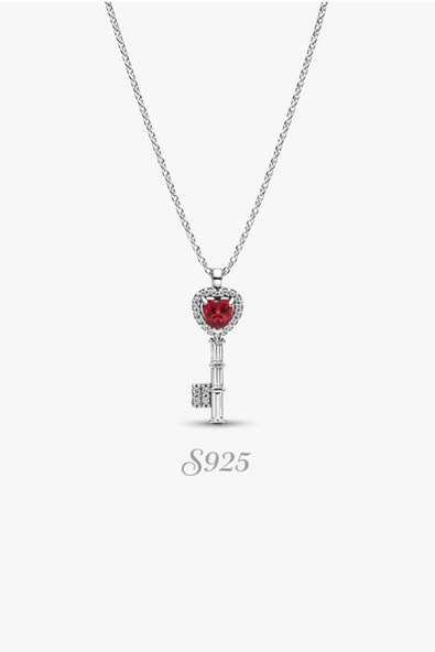POSEİDONS JEWELLERY Kırmızı Kalp Anahtar Madalyon S925 Kolye ürün görseli 1