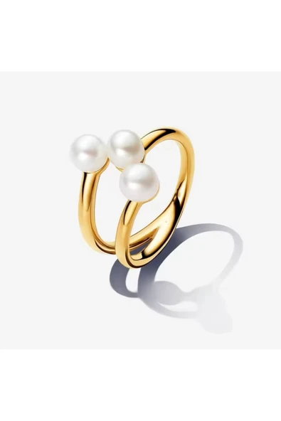 POSEİDONS JEWELLERY Gold Renk Gümüş İşlenmiş Tatlı Su Kültür İncisi Açık Yüzük ürün görseli 1