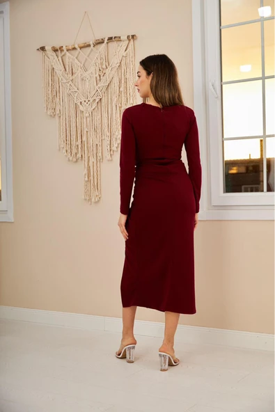 Bordo Askılı ve Yırtmaçlı Elbise - Resim 5
