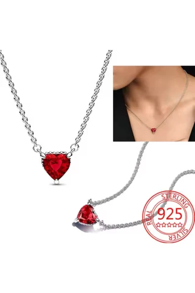 Lovecharm S925 Ayar Gümüş Tarz Zirkon Taşlı Işıltılı Kırmızı Kalp Detaylı Minimal Kolye ürün görseli 1