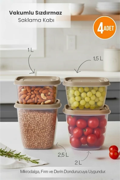 Vizon 4'lü Vakumlu Sızdırmaz Kapaklı Saklama Kabı Erzak Düzenleyici Set 1L, 1,5L, 2L, 2,5L ürün görseli 1