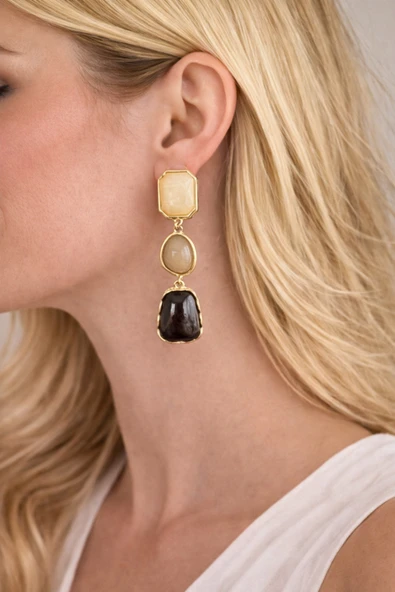 POSEİDONS JEWELLERY Vintage Tarz Doğal Taş Detaylı Altın Renk Uzun Sallantılı Kadın Küpe ürün görseli 1