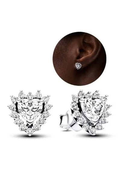 POSEİDONS JEWELLERY 925 Ayar Gümüş Işıltılı Kalp Detaylı Taşlı Minimal Tarz Çivi Küpe ürün görseli 1