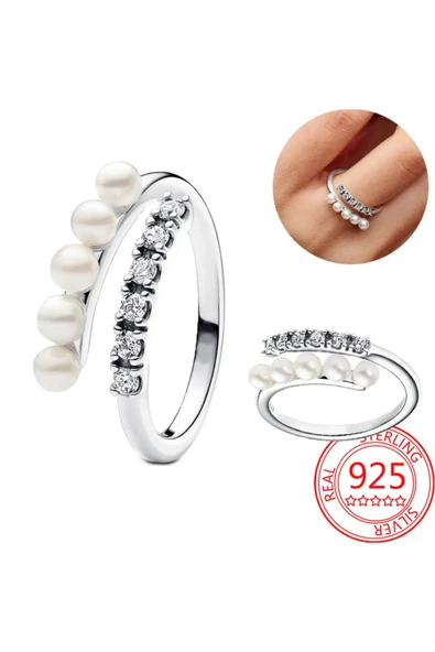 POSEİDONS JEWELLERY İşlenmiş Tatlı Su Kültür İncileri ve Pavé Açık Yüzük ürün görseli 1