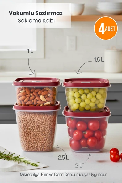 Kırmızı 4'lü Vakumlu Sızdırmaz Kapaklı Saklama Kabı Erzak Düzenleyici Set 1L, 1,5L, 2L, 2,5L ürün görseli 1