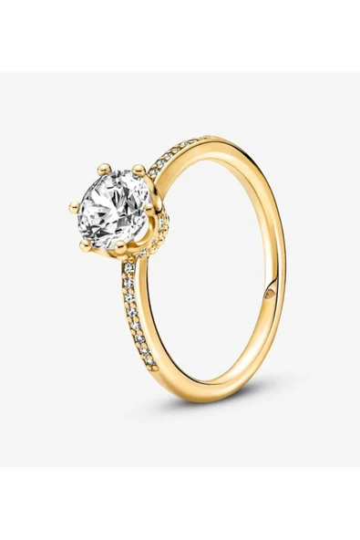 POSEİDONS JEWELLERY Şeffaf Işıltılı Taç Tektaş Yüzük Gold Renk ürün görseli 1