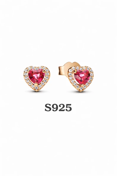 POSEİDONS JEWELLERY Gold Renk Kırmızı Taşlı Kalp Çivi Küpe ürün görseli 1