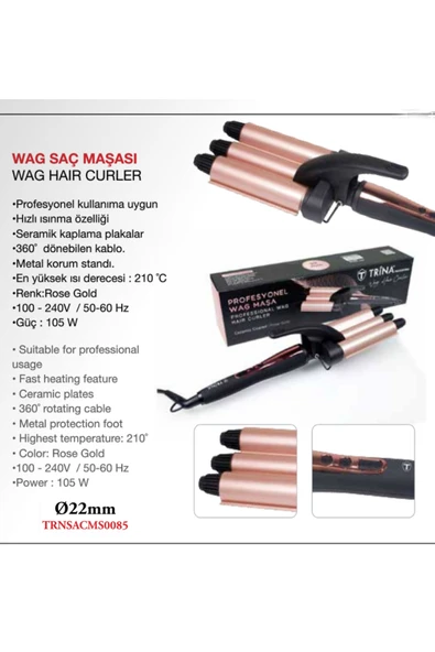 Trina Profesyonel Saç WAG Maşası 22mm -085 Su Dalgası Seramik Kaplama Plakalar Rose Gold ürün görseli 1