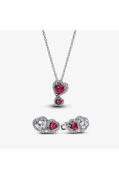 POSEİDONS JEWELLERY Gümüş Kırmızı Hale Kalp Kolye Ve Hale Kırmızı Beyaz Çivi Küpe Seti ürün görseli 1