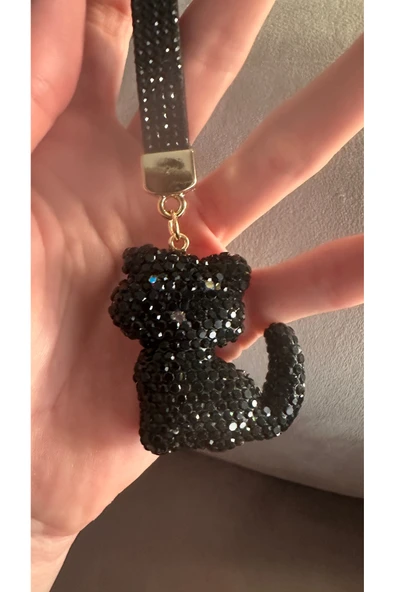 POSEİDONS JEWELLERY Zirkon Taşlı Kristal Görünümlü Siyah Renk Kedi Figürlü Anahtarlık Çanta Charmı ürün görseli 1
