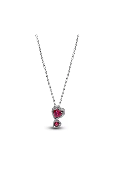 POSEİDONS JEWELLERY Poseidons Jewellery Zirkon Taşlı Kırmızı Hale Kalpler Kolye S925 Ayar Gümüş Kolye ürün görseli 1