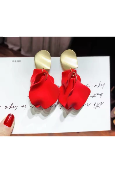 POSEİDONS JEWELLERY Kırmızı Akrilik Vintage Gül Yapraklı Çiçek Küpe ürün görseli 1