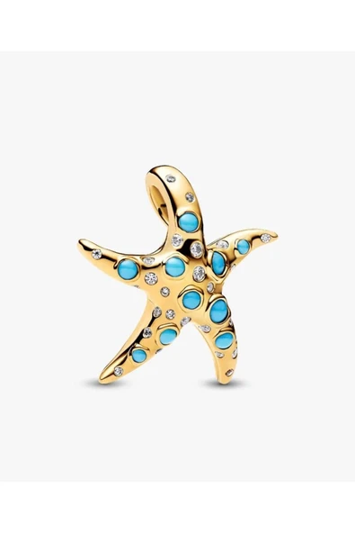 POSEİDONS JEWELLERY Gold Renk Işıltılı Mavi Denizyıldızı Sallantılı Charm s925 ürün görseli 1
