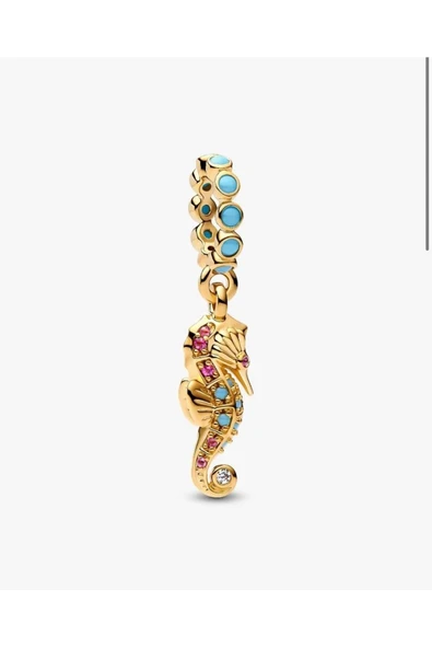 POSEİDONS JEWELLERY S925 Ayar Gold Renk Üstü Renkli Taşlı Denizatı Sallantılı Charm ürün görseli 1