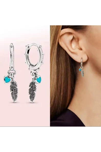 Lovecharm Turkuaz Kalpli ve Tüylü Halka Küpe ürün görseli 1