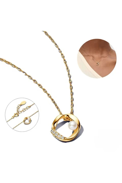 POSEİDONS JEWELLERY Gold Renk Gümüş Doğal Şekilli Pavé Yuvarlak ve İşlenmiş Tatlı Su Kültür İncisi Kolye ürün görseli 1
