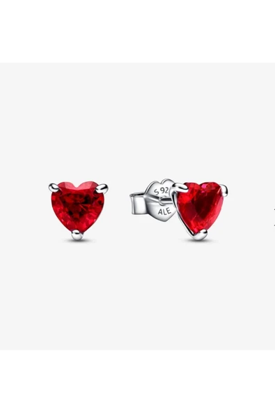 POSEİDONS JEWELLERY 925 Ayar Zarif Işıltılı Kırmızı Kalp Detaylı Minimal Çivi Küpe ürün görseli 1