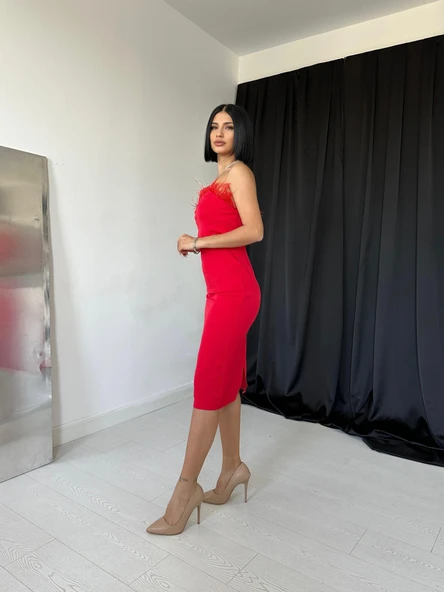Kırmızı Tüylü Elbise - Resim 3