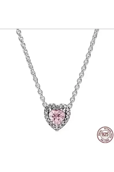 POSEİDONS JEWELLERY Poseidons Jewellery Zirkon Taşlı Pembe Yükseltilmiş Kalp 925 Ayar Minimal Şık Kolye ürün görseli 1