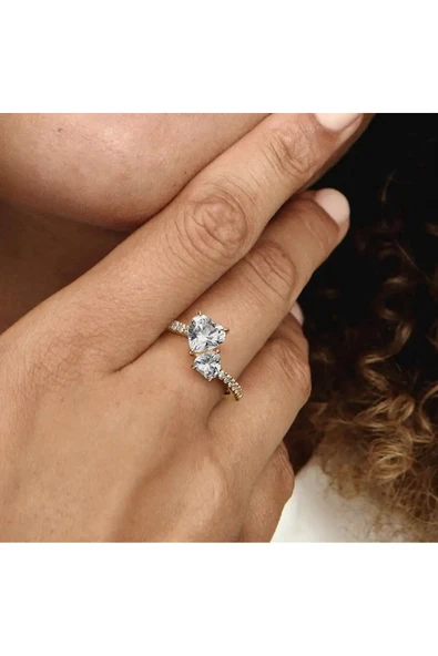 POSEİDONS JEWELLERY Işıltılı Çift Kalpli Yüzük Gold ürün görseli 1