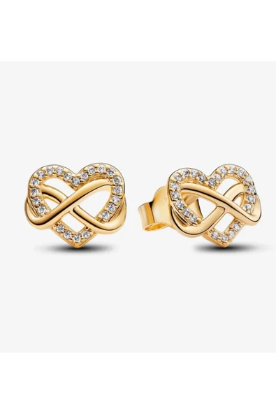 POSEİDONS JEWELLERY Minimal Gold Renk Işıltılı Sonsuz Kalp Detaylı Çivi Küpeler ürün görseli 1