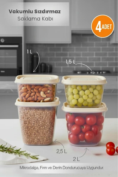Krem 4'lü Vakumlu Sızdırmaz Kapaklı Saklama Kabı Erzak Düzenleyici Set 1L, 1,5L, 2L, 2,5L ürün görseli 1