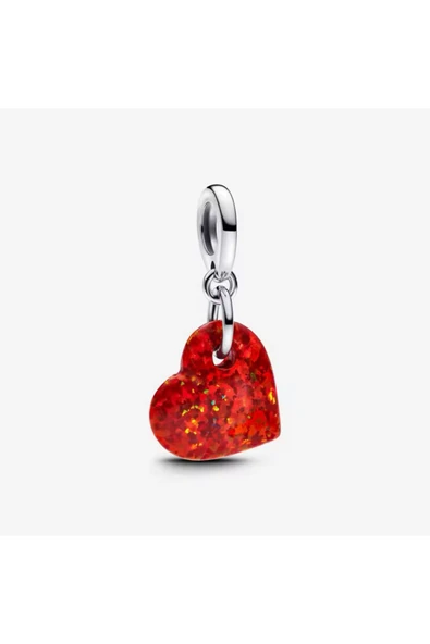 POSEİDONS JEWELLERY Gümüş Işıltılı Kırmızı Kalp Sallantılı Gümüş Charm ürün görseli 1