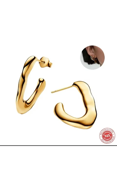 POSEİDONS JEWELLERY Gold Renk Gümüş Doğal V Şekilli Açık Halka Küpeler ürün görseli 1