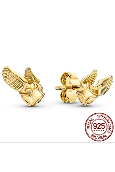 POSEİDONS JEWELLERY Harry Potter Gold Kanatlı Snatch Kuş Küpe 925 Ayar Gümüş ürün görseli 1
