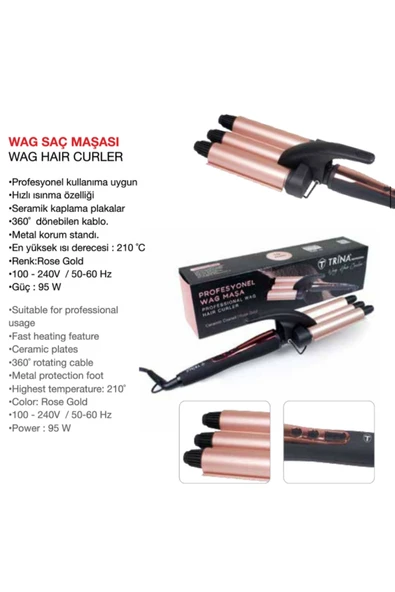 Trina Profesyonel Saç WAG Maşası 19 mm -084 Su Dalgası Seramik Kaplama Plakalar Rose Gold ürün görseli 1
