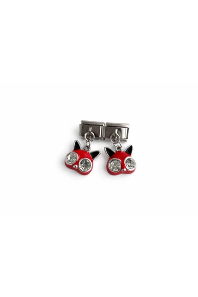 POSEİDONS JEWELLERY Kırmızı Kedi Figürlü Taşlı İtalyan Charm | Sallantılı Paslanmaz Çelik Bileklik Ucu ürün görseli 1