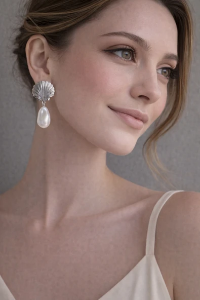 POSEİDONS JEWELLERY Silver Deniz Kabuğu & İnci Detaylı Kadın Küpe | Zarif ve Minimal ürün görseli 1