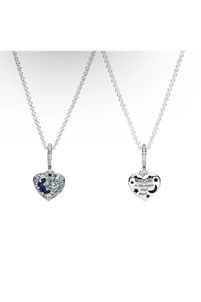 Lovecharm 925 Ayar Gümüş Işıltılı Mavi Ay Ve Yıldızlar Kalp Temalı Minimal Tarz Kolye ürün görseli 1