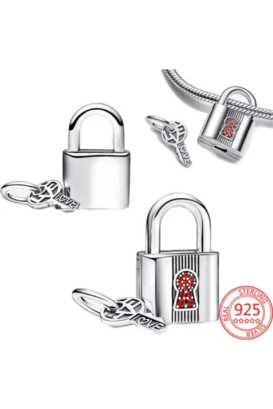 POSEİDONS JEWELLERY Asma Kilit ve Anahtar Sallantılı Gümüş Kırmızı  Charm ürün görseli 1