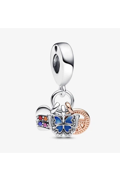 POSEİDONS JEWELLERY İki Renkli Gökkuşağı Kalp, Kelebek ve Barış Üçlü Sallantılı Charm ürün görseli 1