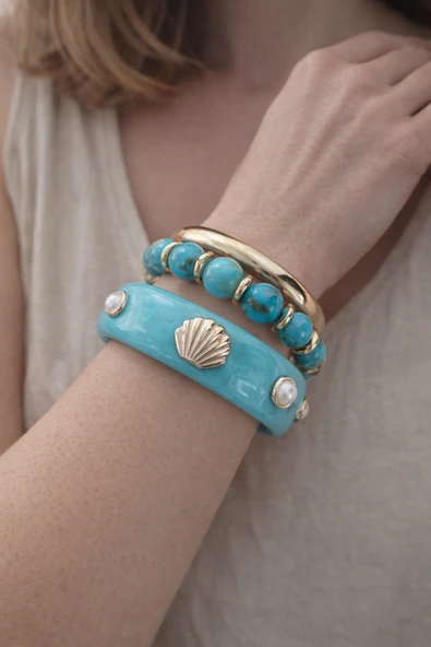 Lovecharm Turkuaz Kehribar Görünümlü Deniz Kabuğu Figürlü Gold Detaylı Üçlü Kadın Bileklik Seti ürün görseli 1