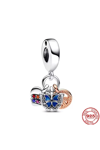Lovecharm Gümüş Gökkuşağı Kalp,Kelebek ve Barış Üçlü Charm ürün görseli 1