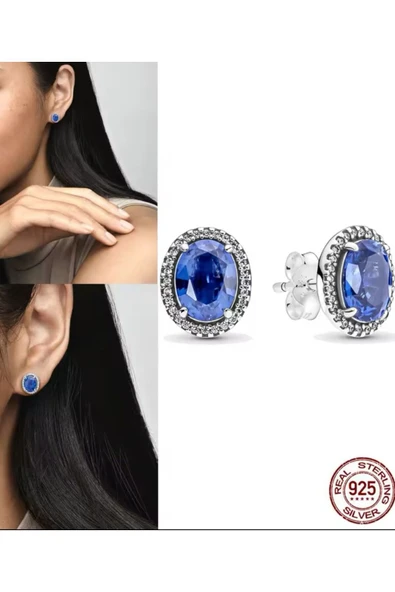 POSEİDONS JEWELLERY 925 Ayar Gümüş Işıltılı Büyük Mavi Taşlı Minimal Çivi Küpe ürün görseli 1