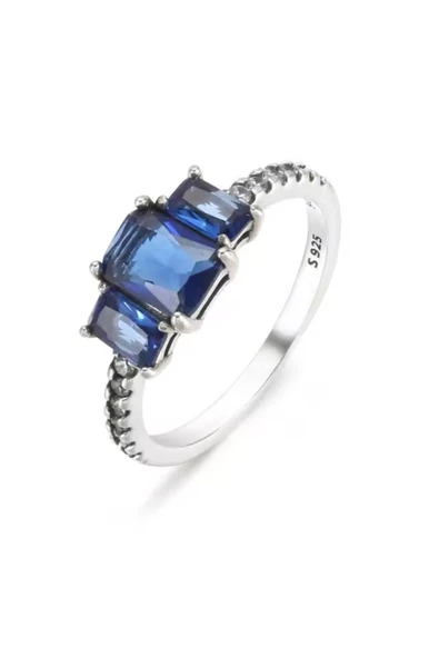 POSEİDONS JEWELLERY Mavi Dikdörtgen Üç Taşlı Parıltılı Yüzük ürün görseli 1
