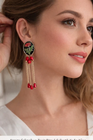 Lovecharm Kırmızı Çiçek Figürlü Gold Renk Sallantılı Kadın Küpe ürün görseli 1