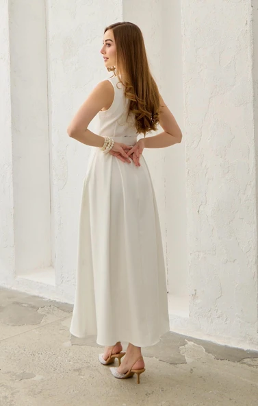 Ekru Halter Yaka Kloş Elbise - Resim 4