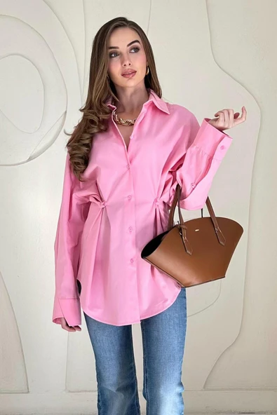 Pembe Düğme Detaylı Poplin Gömlek - Resim 3