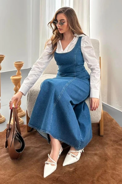Mavi Fermuar Detaylı Askılı Denim - Resim 3